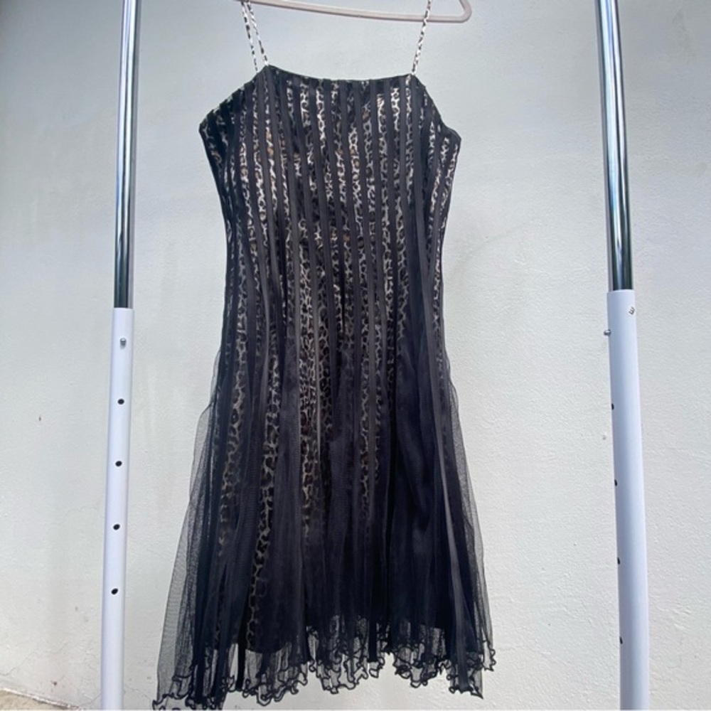 Y2K ASPEED Leopard Satin & Black Tulle Pleated Dress Size XL